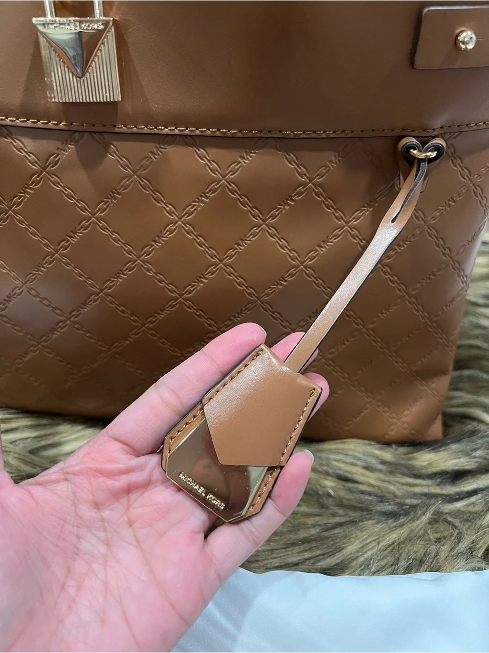 Michael Kors Quilted Tote in Cognac Brown with Gold Hardware